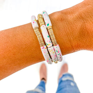 White Confetti Speckle Acrylic Tube Bamboo Bracelet